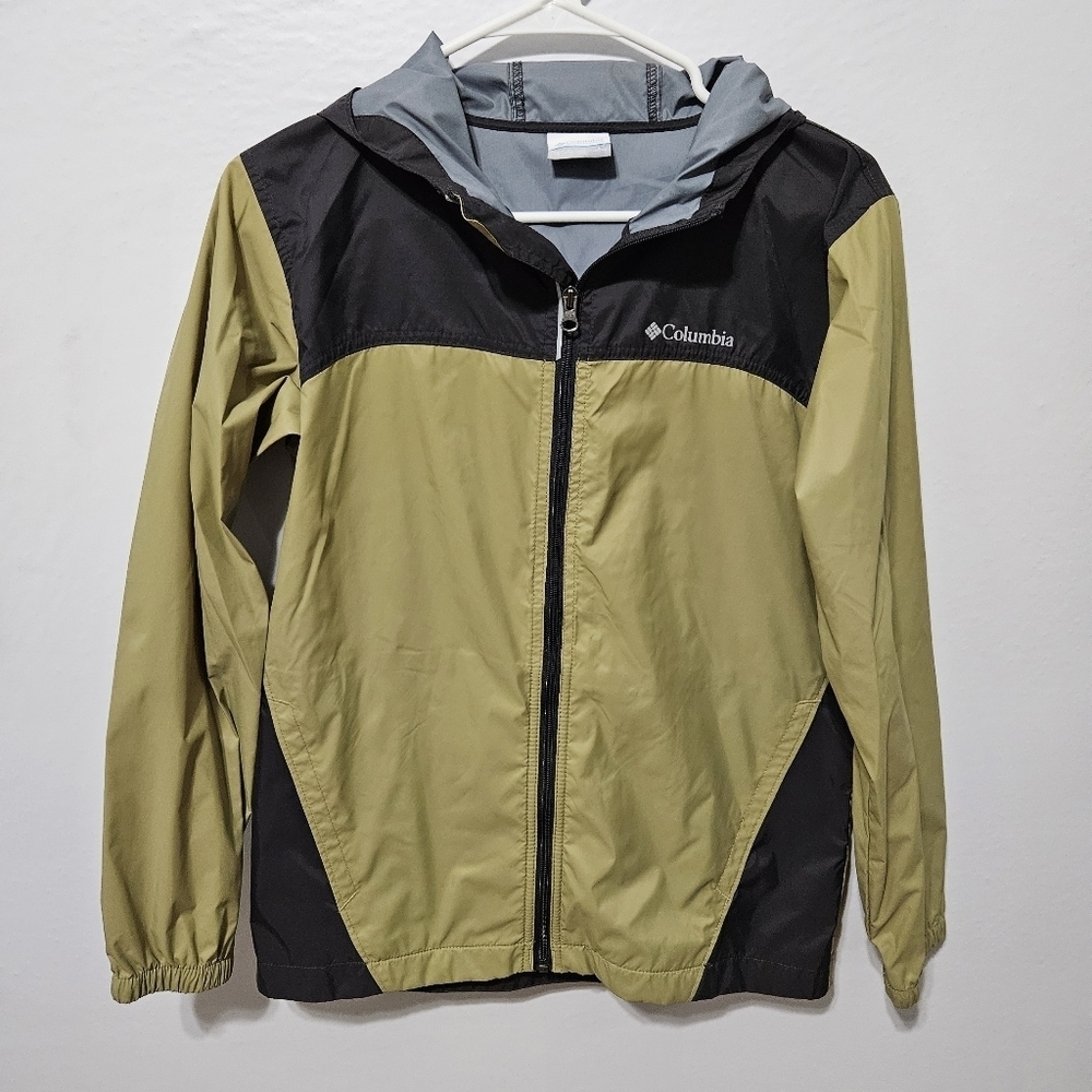 Columbia Youth L 14-16 Hooded Windbreaker Tan Dk Grey Blk Zip Up Nylon B15